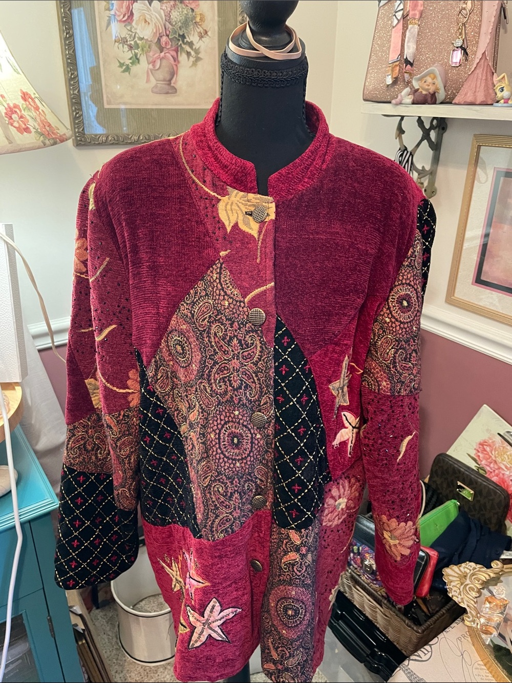 Women’s Burgundy Patchwork Embroidered,Beaded Floral Velvet Jacket by Alex Kim